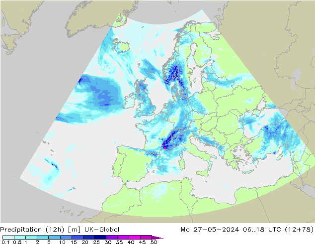 Precipitation (12h) UK-Global Mo 27.05.2024 18 UTC