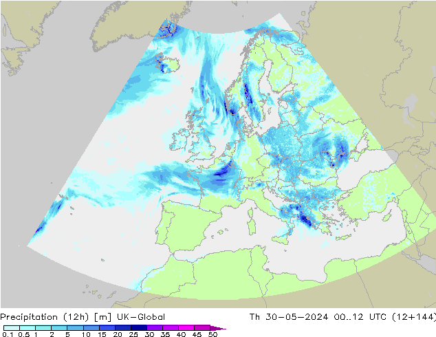 Precipitation (12h) UK-Global Čt 30.05.2024 12 UTC