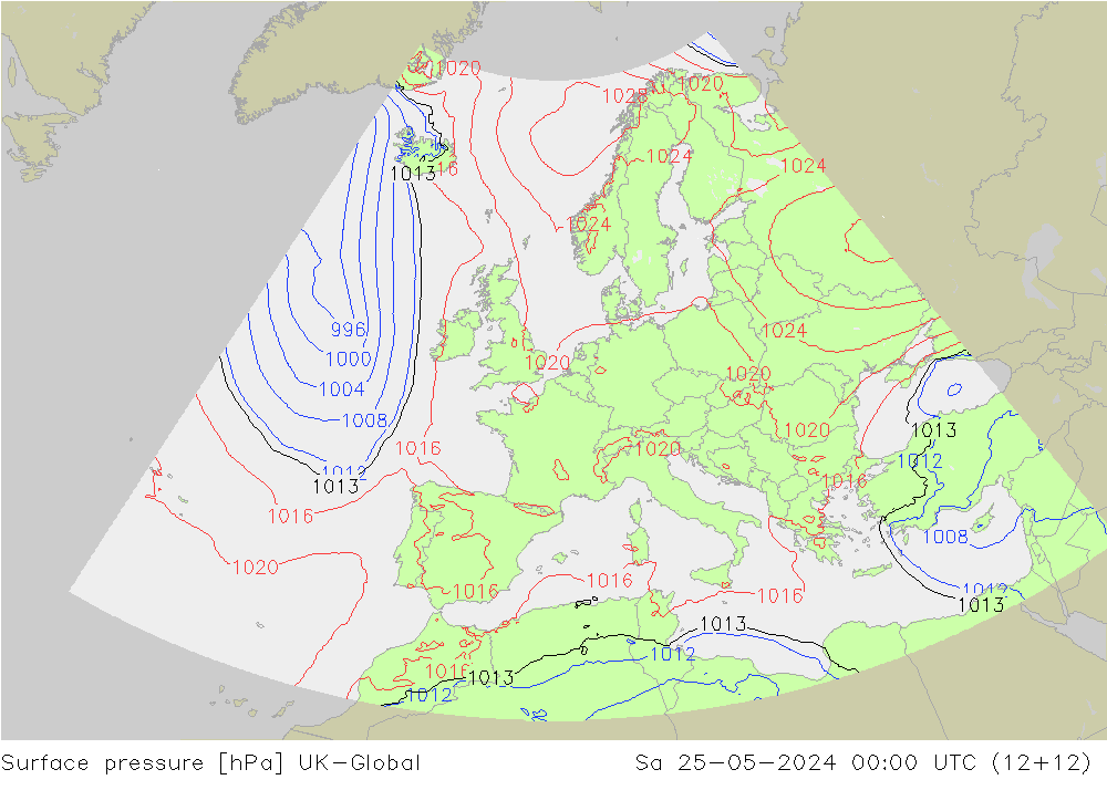 Pressione al suolo UK-Global sab 25.05.2024 00 UTC