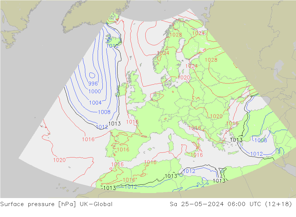 Pressione al suolo UK-Global sab 25.05.2024 06 UTC