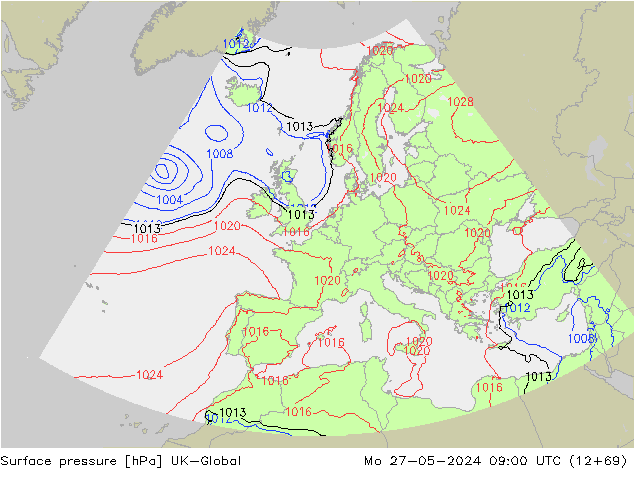 Surface pressure UK-Global Mo 27.05.2024 09 UTC