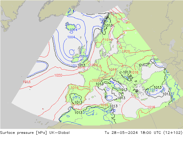 Surface pressure UK-Global Tu 28.05.2024 18 UTC