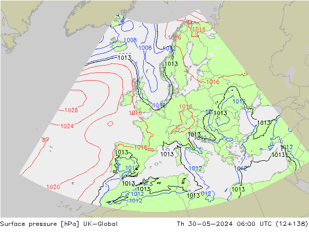 Surface pressure UK-Global Th 30.05.2024 06 UTC