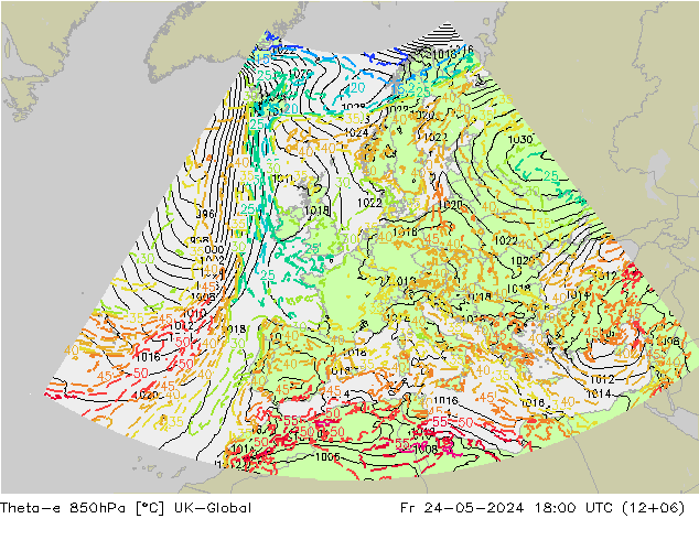 Theta-e 850hPa UK-Global Fr 24.05.2024 18 UTC