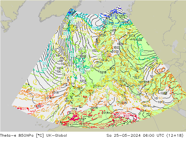Theta-e 850hPa UK-Global za 25.05.2024 06 UTC