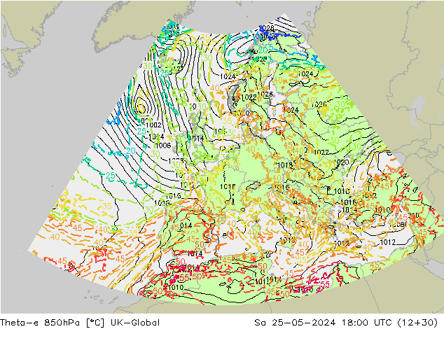 Theta-e 850гПа UK-Global сб 25.05.2024 18 UTC