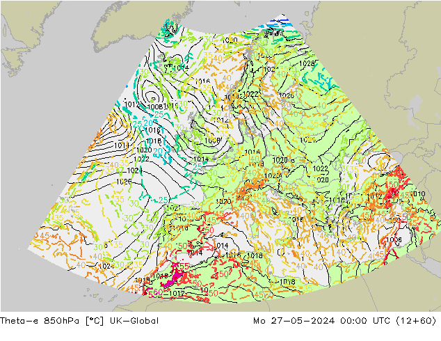 Theta-e 850hPa UK-Global Mo 27.05.2024 00 UTC