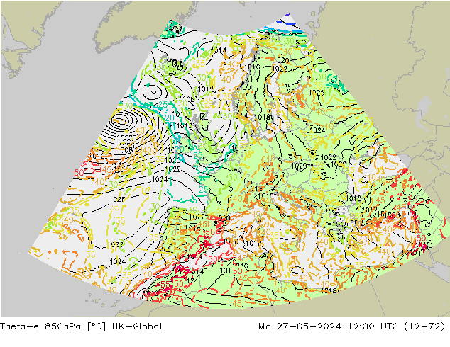 Theta-e 850hPa UK-Global Mo 27.05.2024 12 UTC
