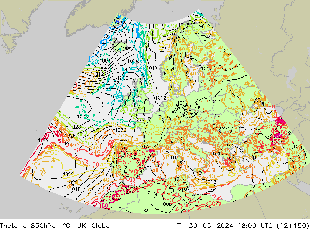 Theta-e 850hPa UK-Global gio 30.05.2024 18 UTC
