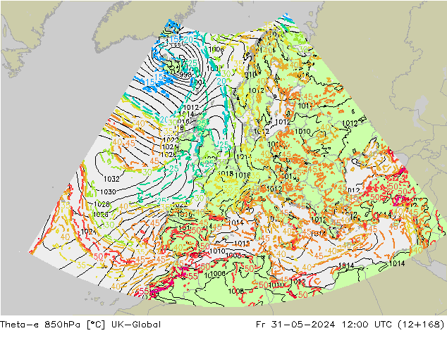 Theta-e 850hPa UK-Global Fr 31.05.2024 12 UTC