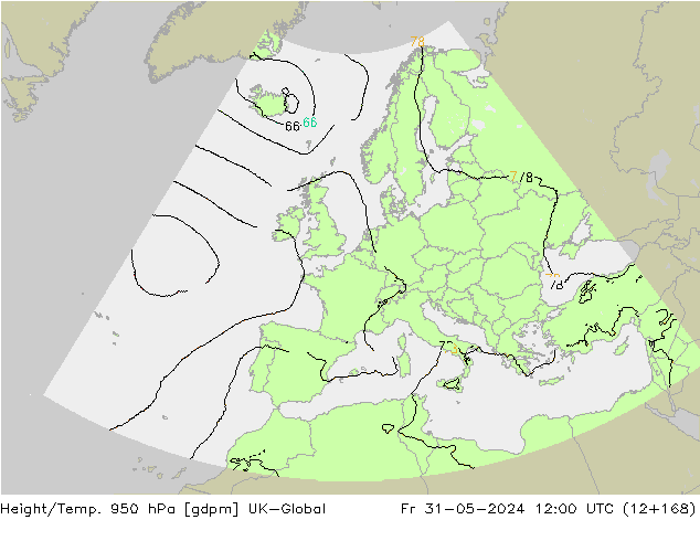 Height/Temp. 950 hPa UK-Global Fr 31.05.2024 12 UTC