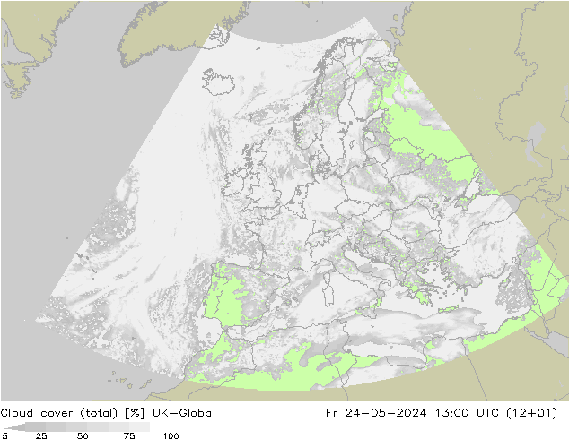 Bewolking (Totaal) UK-Global vr 24.05.2024 13 UTC