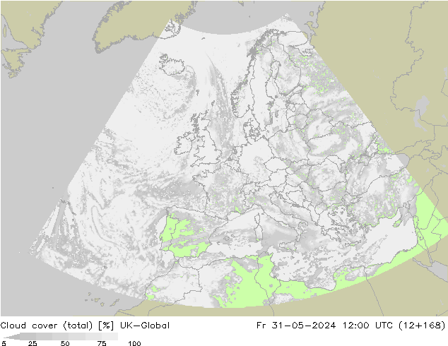 Cloud cover (total) UK-Global Fr 31.05.2024 12 UTC