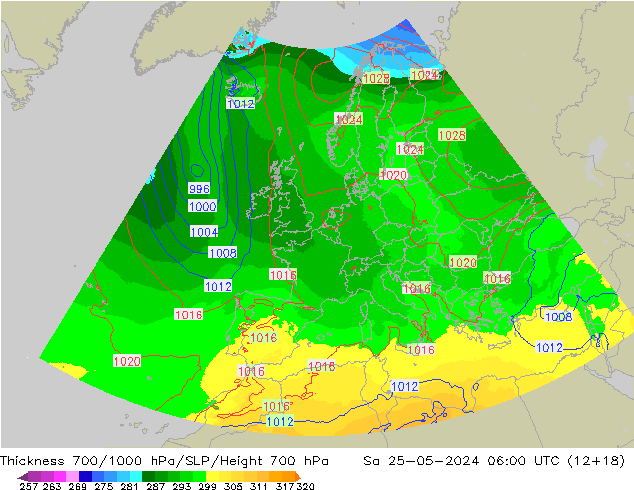 Dikte700-1000 hPa UK-Global za 25.05.2024 06 UTC