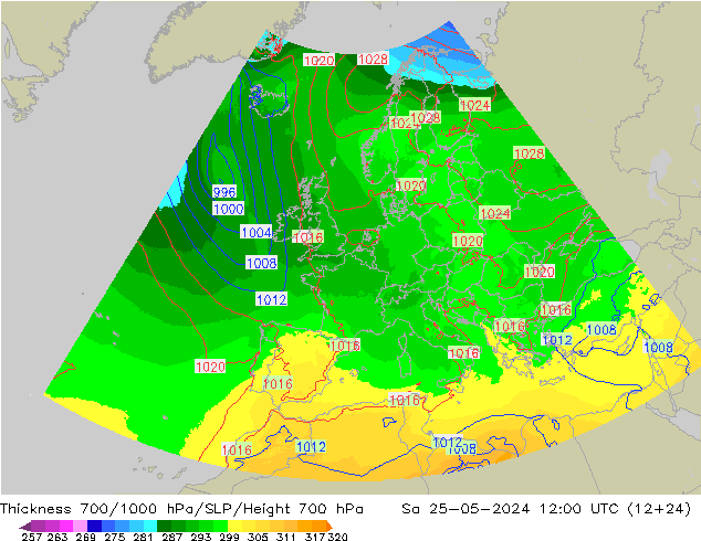 Thck 700-1000 hPa UK-Global sam 25.05.2024 12 UTC