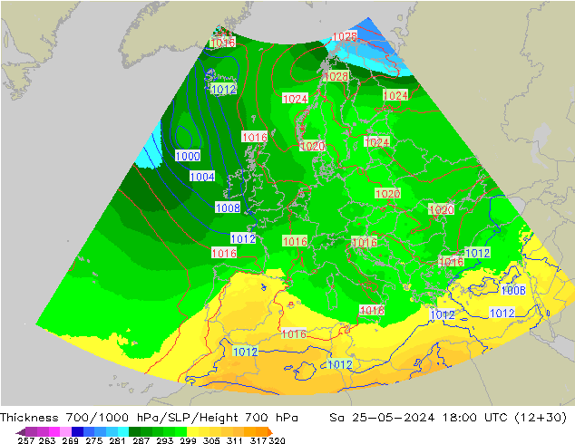Thck 700-1000 hPa UK-Global sab 25.05.2024 18 UTC