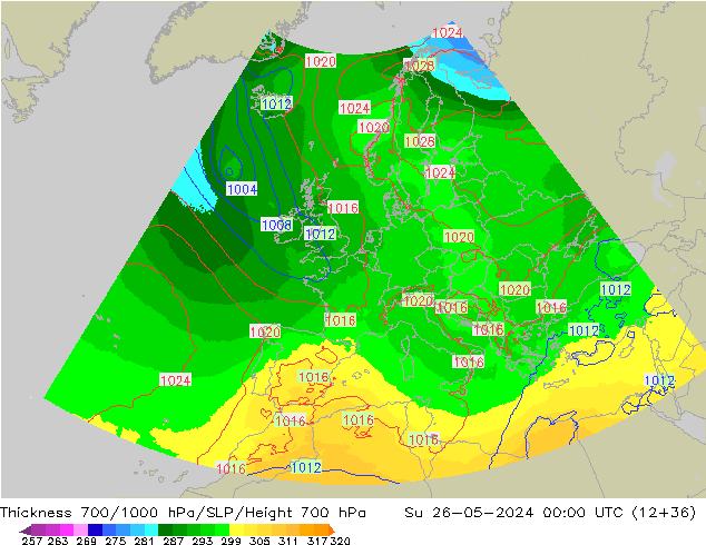 Thck 700-1000 hPa UK-Global Su 26.05.2024 00 UTC