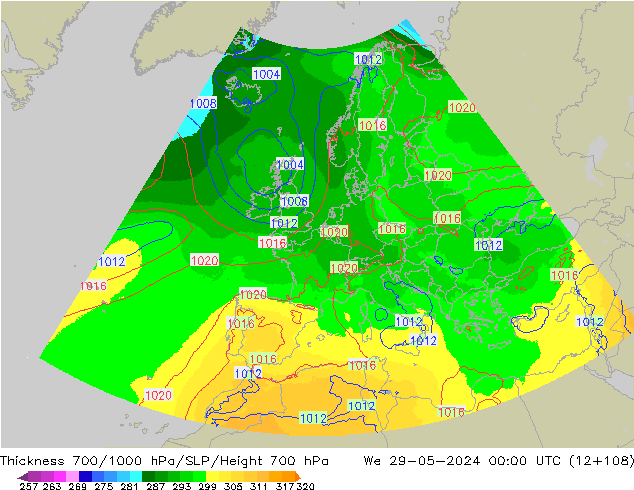 Thck 700-1000 hPa UK-Global St 29.05.2024 00 UTC