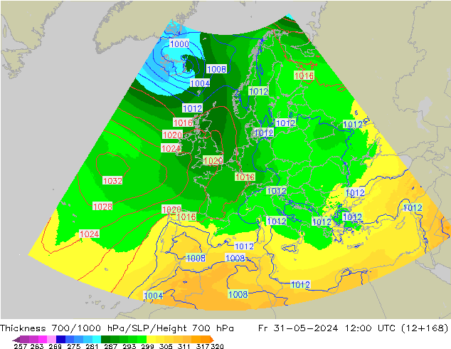 Thck 700-1000 hPa UK-Global Fr 31.05.2024 12 UTC