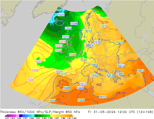 Espesor 850-1000 hPa UK-Global vie 31.05.2024 12 UTC