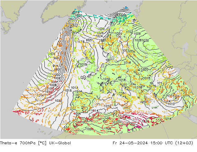 Theta-e 700hPa UK-Global 星期五 24.05.2024 15 UTC