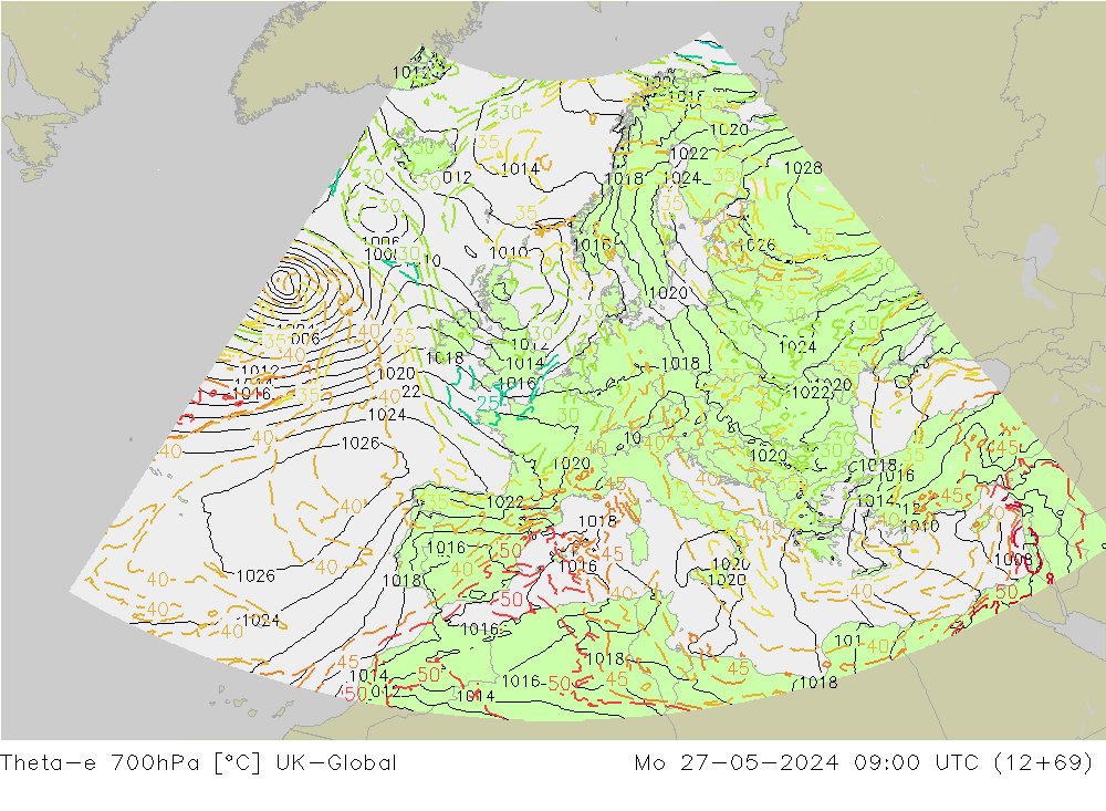 Theta-e 700hPa UK-Global Mo 27.05.2024 09 UTC