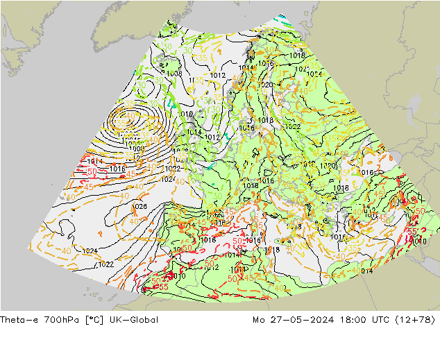 Theta-e 700hPa UK-Global Pzt 27.05.2024 18 UTC