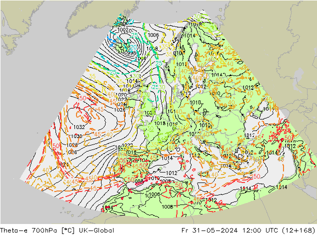 Theta-e 700hPa UK-Global Fr 31.05.2024 12 UTC