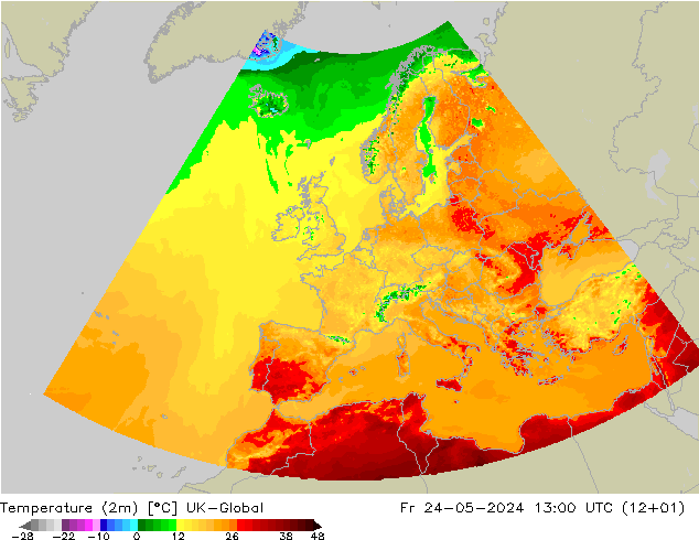 Temperatuurkaart (2m) UK-Global vr 24.05.2024 13 UTC