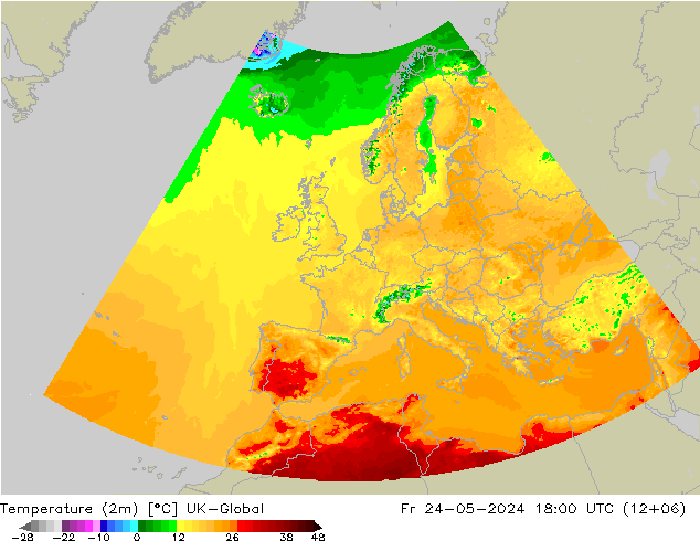 Temperature (2m) UK-Global Pá 24.05.2024 18 UTC