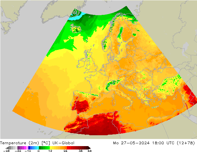 Sıcaklık Haritası (2m) UK-Global Pzt 27.05.2024 18 UTC