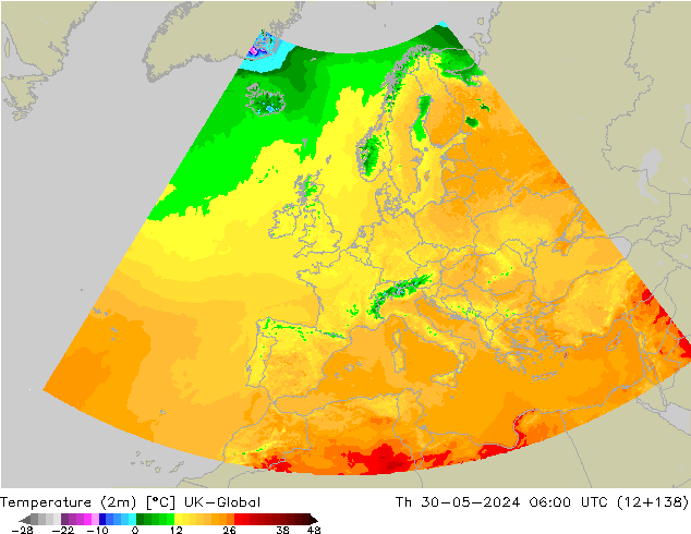 Temperatura (2m) UK-Global gio 30.05.2024 06 UTC