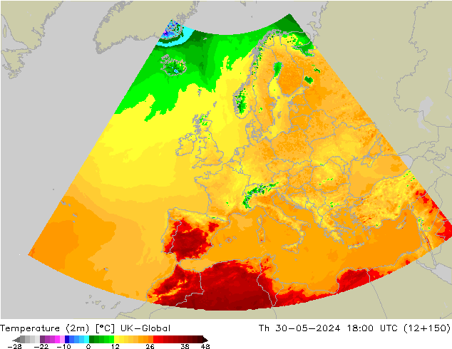 Temperature (2m) UK-Global Čt 30.05.2024 18 UTC