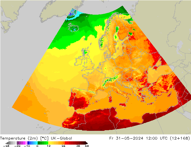 Temperature (2m) UK-Global Fr 31.05.2024 12 UTC