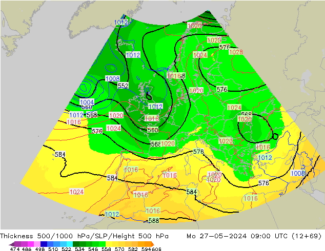 Thck 500-1000гПа UK-Global пн 27.05.2024 09 UTC