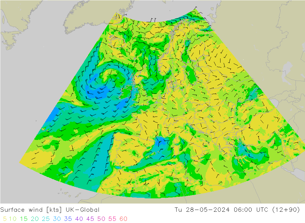 Surface wind UK-Global Tu 28.05.2024 06 UTC