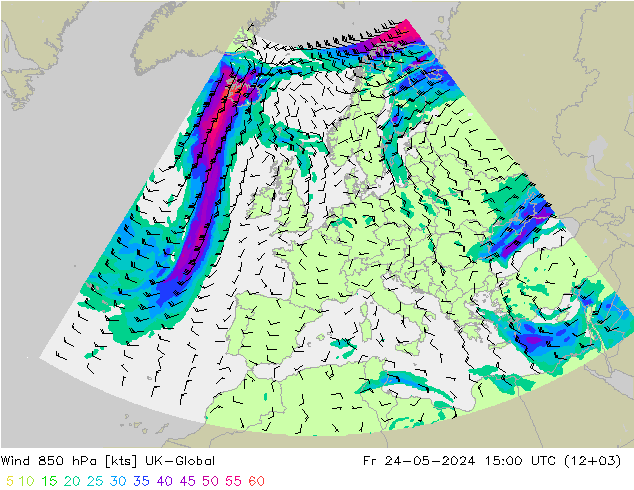 Vento 850 hPa UK-Global ven 24.05.2024 15 UTC