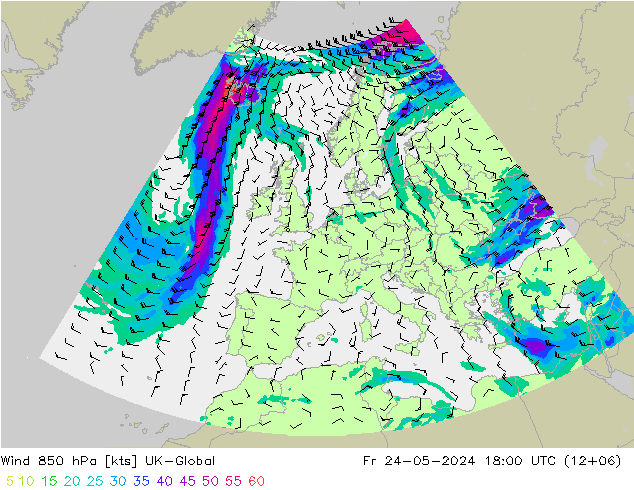 Wind 850 hPa UK-Global Fr 24.05.2024 18 UTC