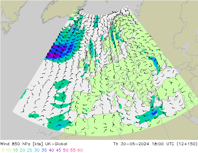 Vento 850 hPa UK-Global gio 30.05.2024 18 UTC