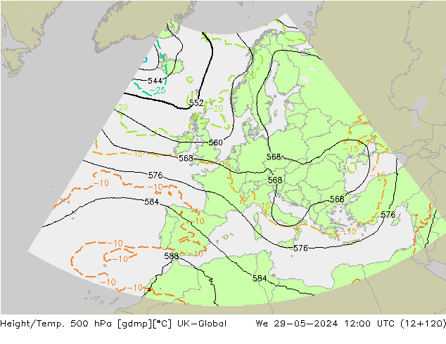 Height/Temp. 500 hPa UK-Global Mi 29.05.2024 12 UTC