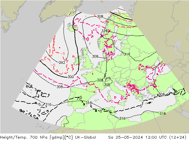 Height/Temp. 700 hPa UK-Global Sa 25.05.2024 12 UTC