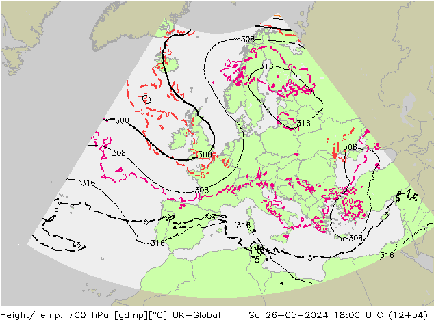 Height/Temp. 700 hPa UK-Global dom 26.05.2024 18 UTC