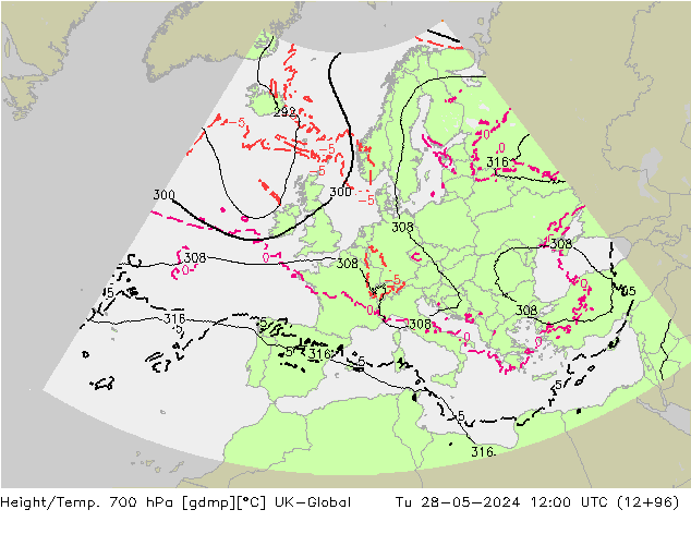 Height/Temp. 700 hPa UK-Global Di 28.05.2024 12 UTC