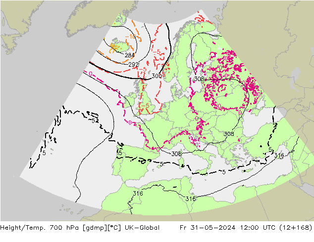 Height/Temp. 700 hPa UK-Global  31.05.2024 12 UTC