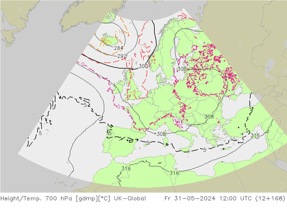 Height/Temp. 700 hPa UK-Global Fr 31.05.2024 12 UTC