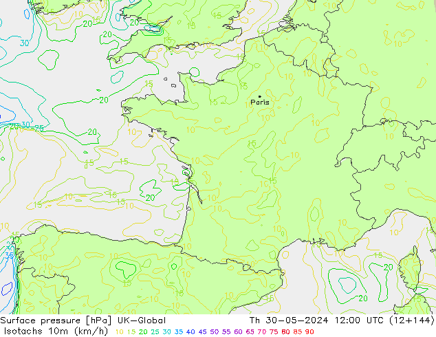 Isotachs (kph) UK-Global Th 30.05.2024 12 UTC