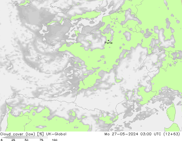 Cloud cover (low) UK-Global Mo 27.05.2024 03 UTC