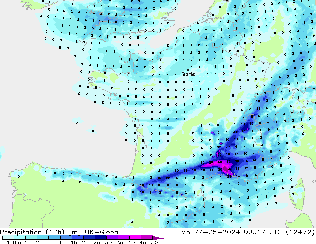 Precipitation (12h) UK-Global Mo 27.05.2024 12 UTC