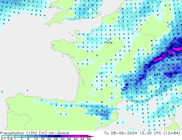 Precipitazione (12h) UK-Global mar 28.05.2024 00 UTC