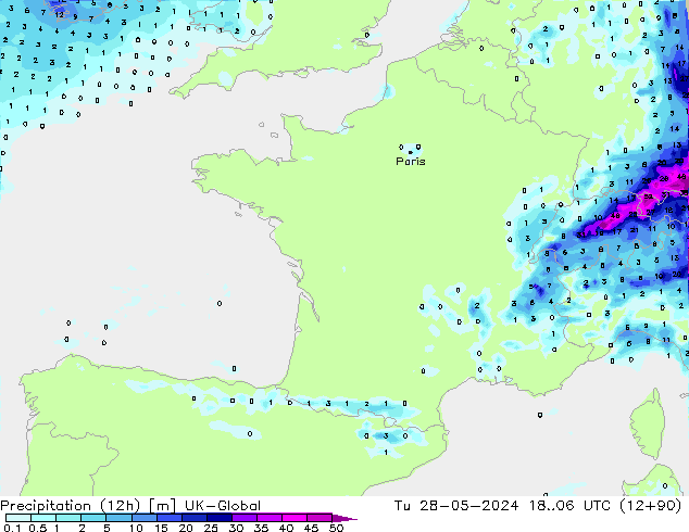 Precipitation (12h) UK-Global Tu 28.05.2024 06 UTC